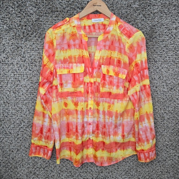 Calvin Klein Tops - Calvin Klein Top Womens Small Orange Button Up Semi‎ Sheer Blouse Pockets Ladies